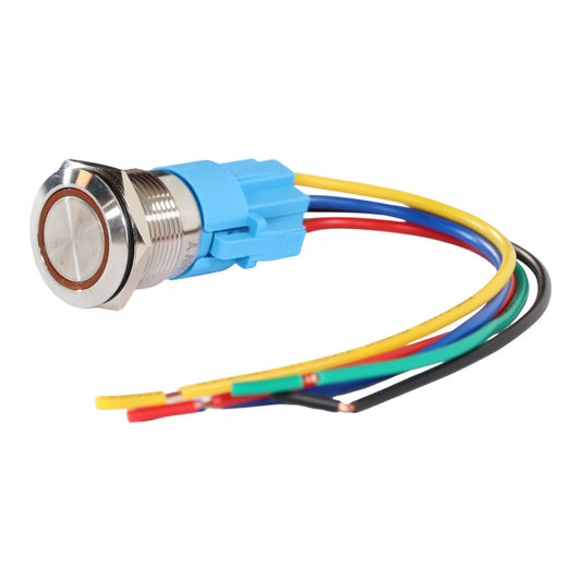 19mm Latching LED Yellow Push Button Switch - Stainless Steel Finish - 12-24V