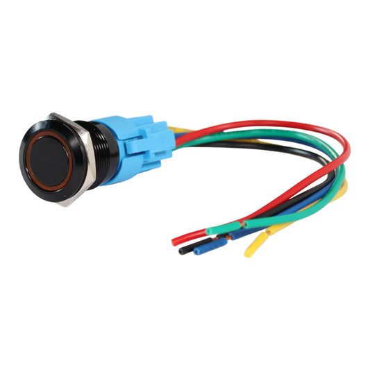 19mm Latching LED Yellow Push Button Switch - Black Anodised Finish - 12-24V