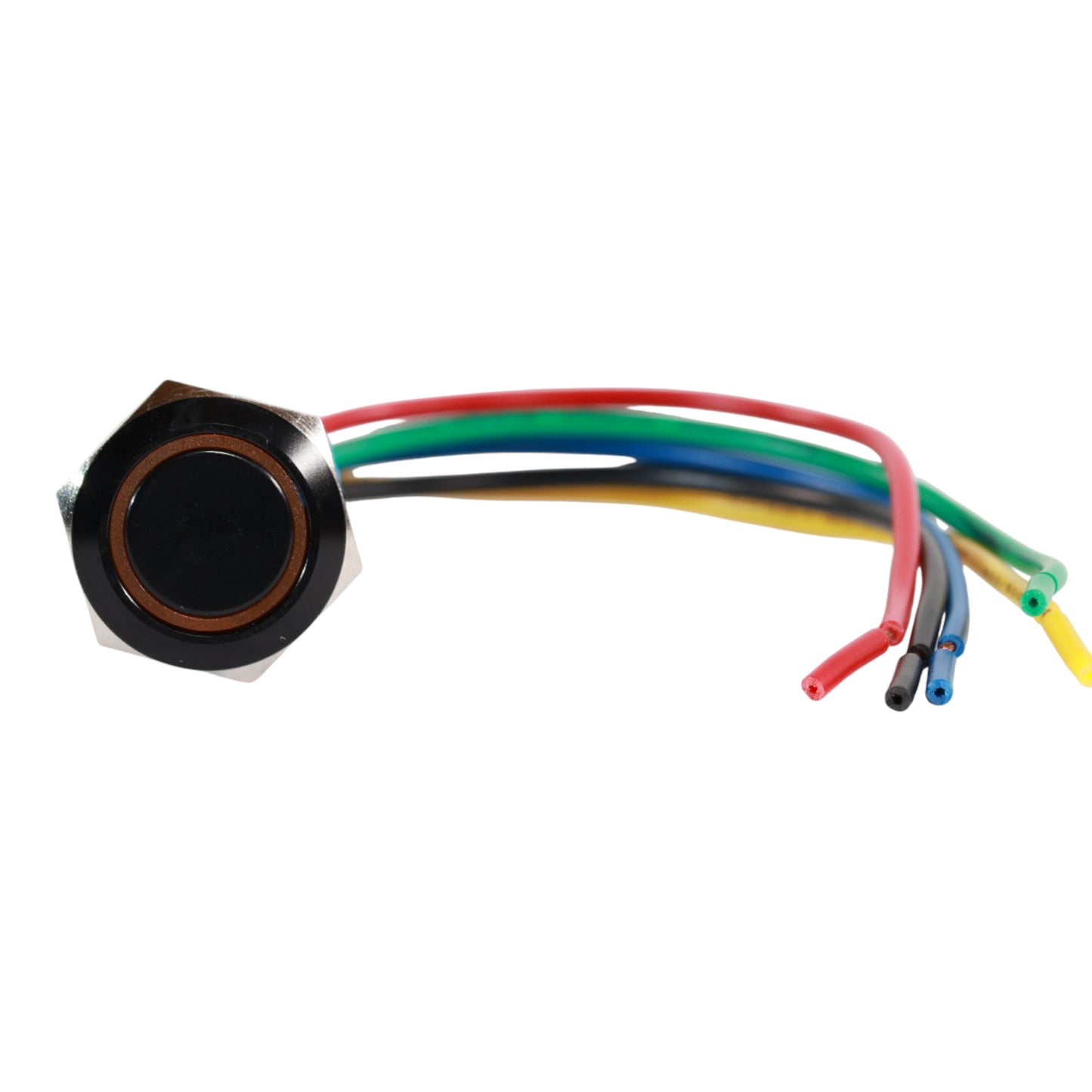 19mm Latching LED Yellow Push Button Switch - Black Anodised Finish - 12-24V