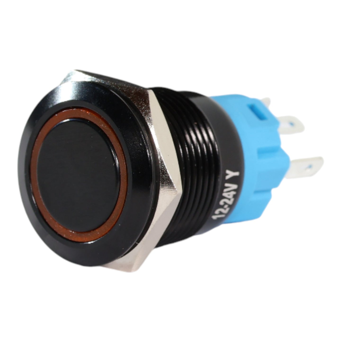 19mm Latching LED Yellow Push Button Switch - Black Anodised Finish - 12-24V