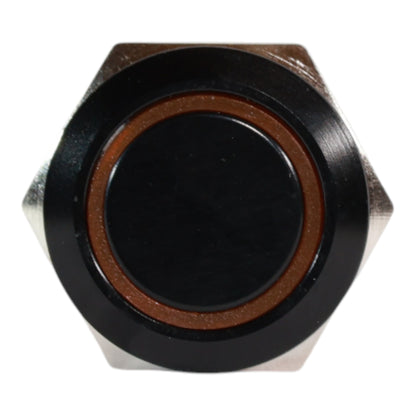 19mm Latching LED Yellow Push Button Switch - Black Anodised Finish - 12-24V