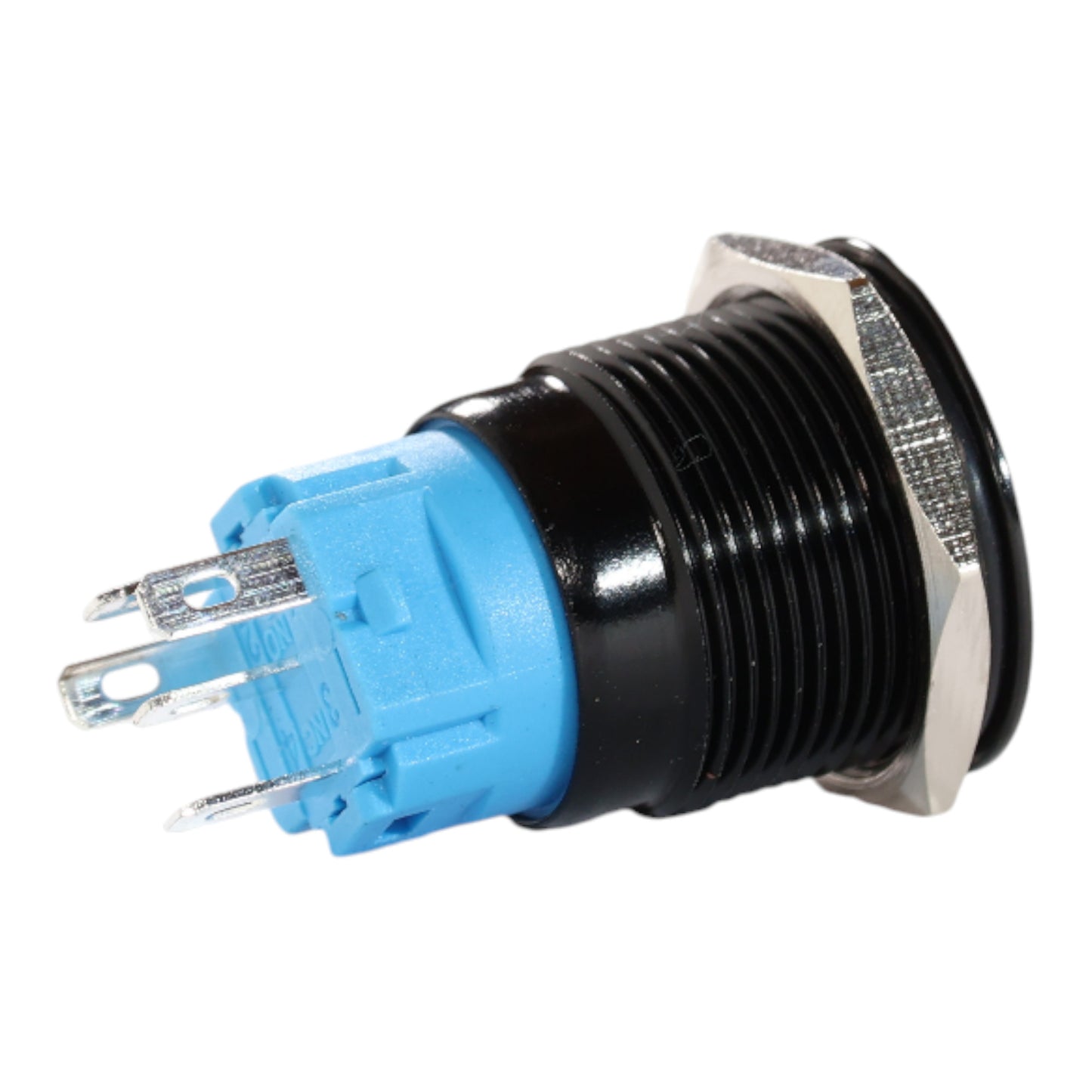 19mm Latching LED Yellow Push Button Switch - Black Anodised Finish - 12-24V