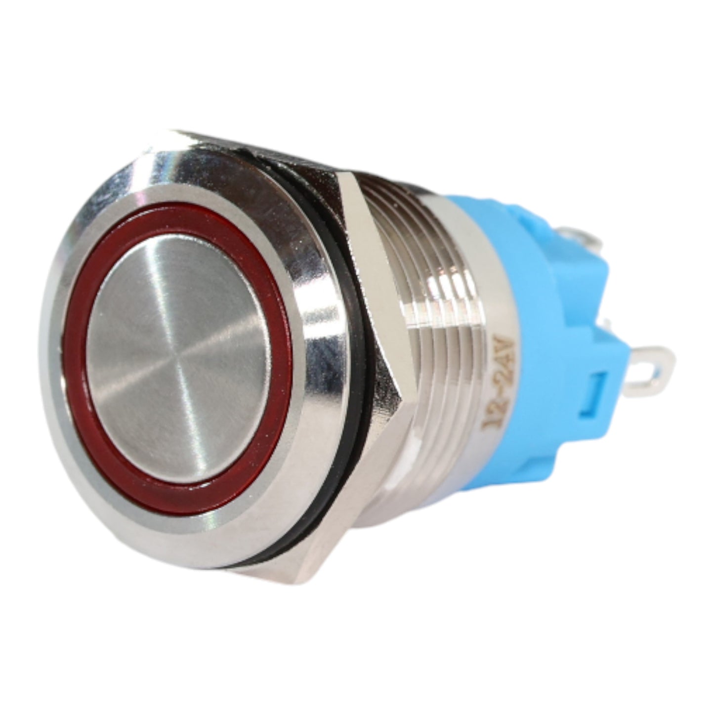 19mm Latching LED Yellow Push Button Switch - Stainless Steel Finish - 12-24V