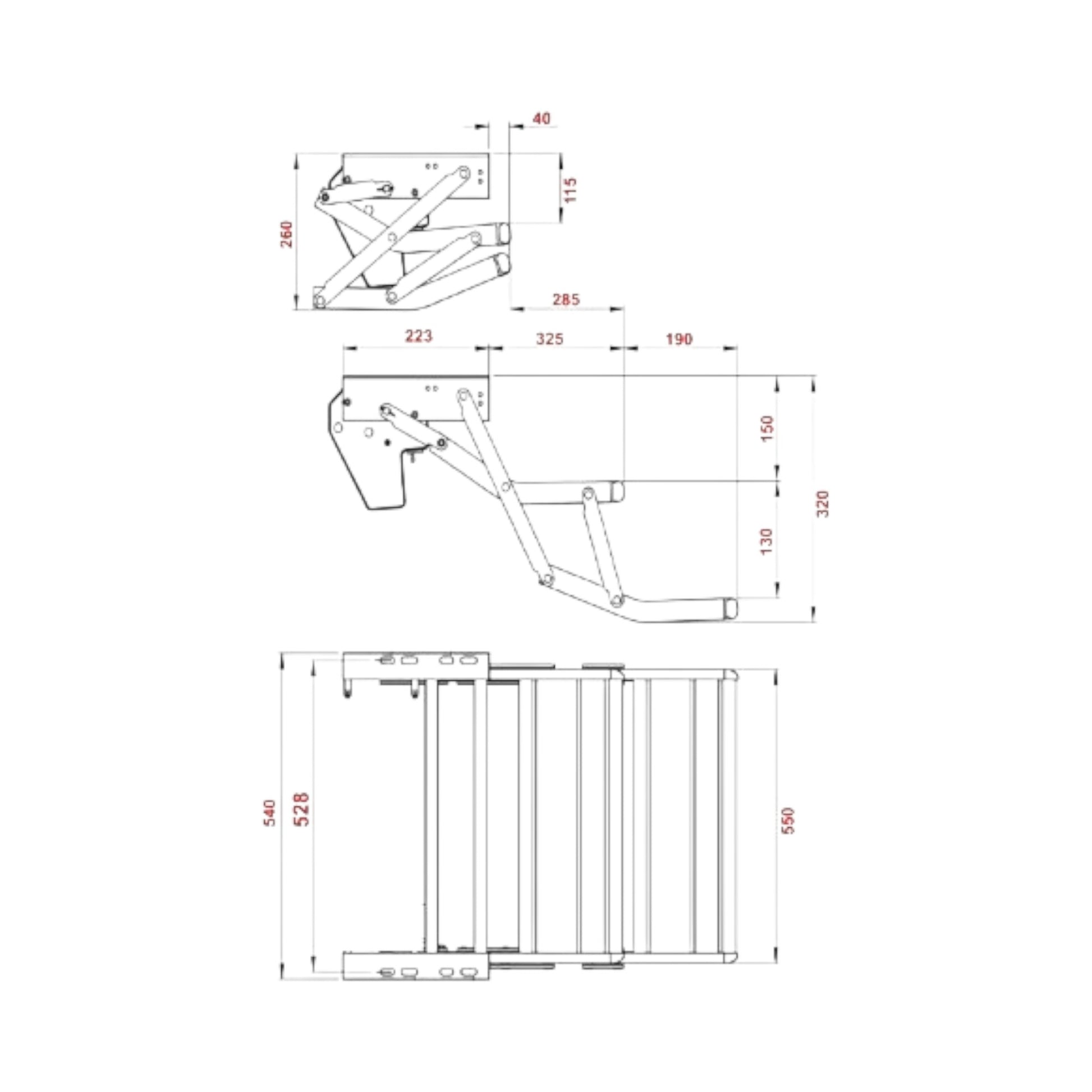 Technical drawing of a silver metal double led step with dimensions 