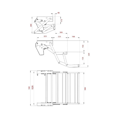 Technical drawing of a silver metal double led step with dimensions 