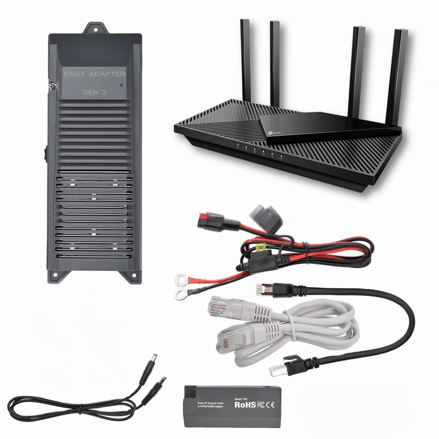 Close-up of Starlink Gen 2 12V conversion cables, adapters and fuse