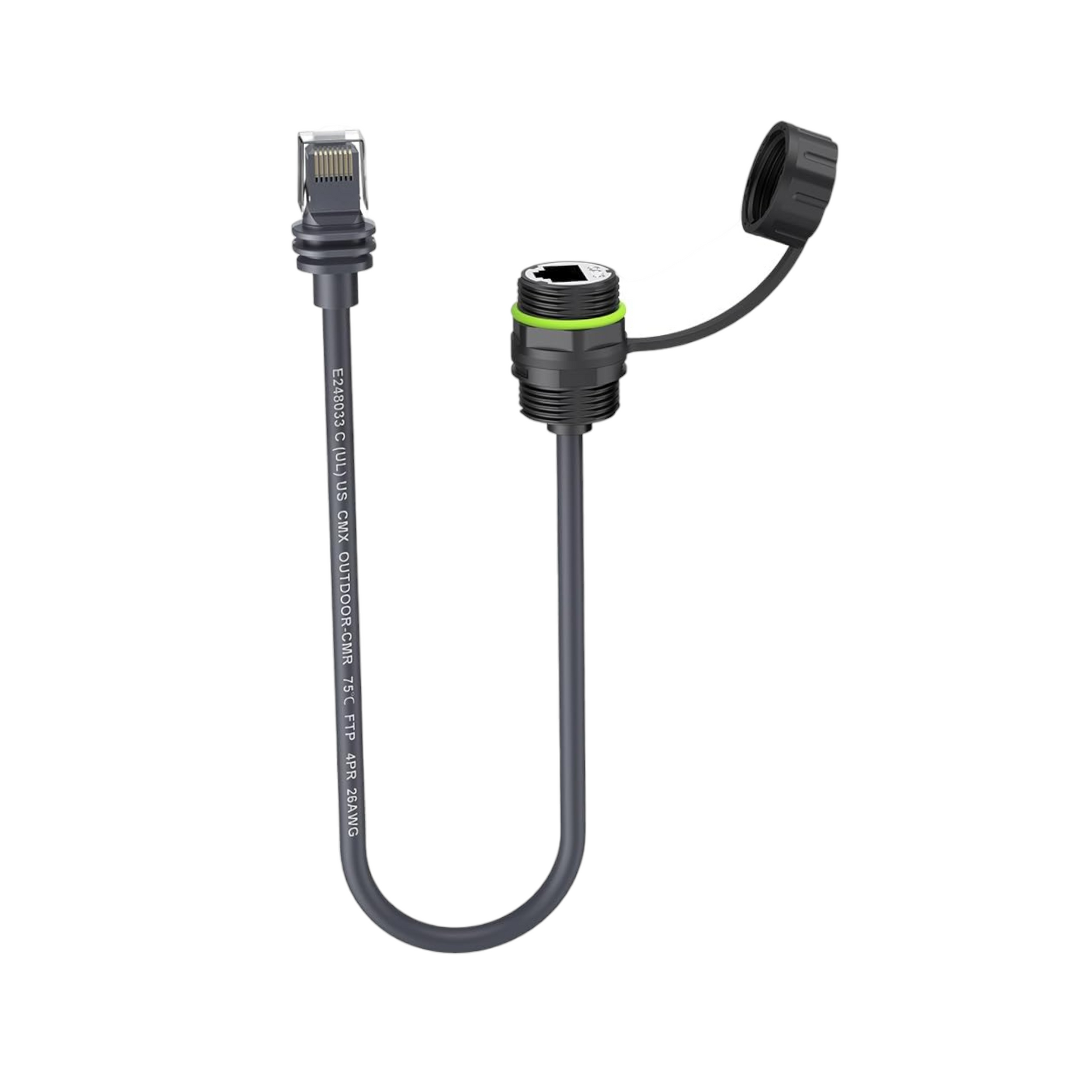 Starlink Gen 3 bulkhead RJ45 cable with waterproof coupling on bench