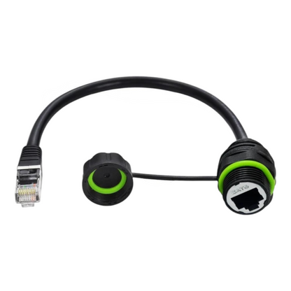 close-up of Starlink Gen 3 RJ45 bulkhead cable and waterproof coupling