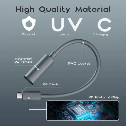 Starlink Mini USB-C male plug attached to DC female socket cable adapter
