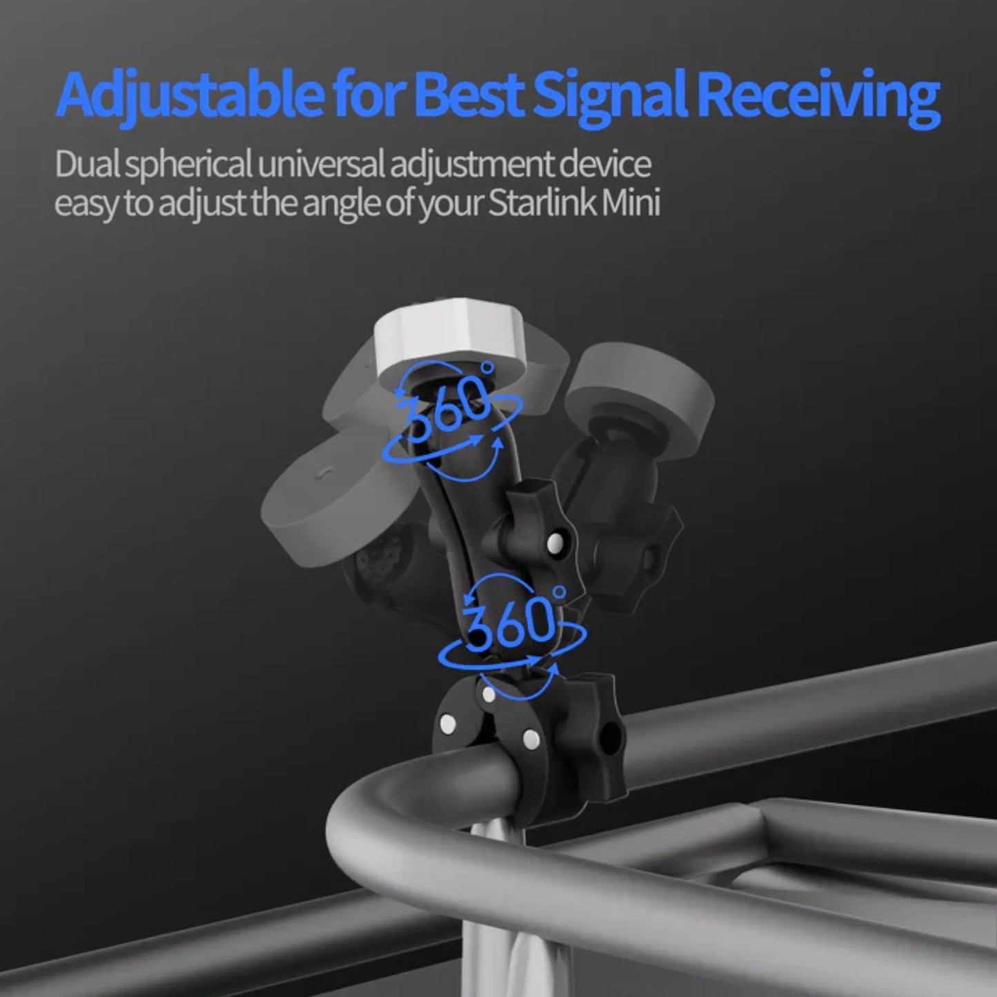 Starlink Mini dish mounted using 360° swivel clamp mount