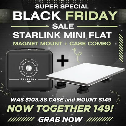 Starlink Mini hard zip case and flat magnet mount on bench