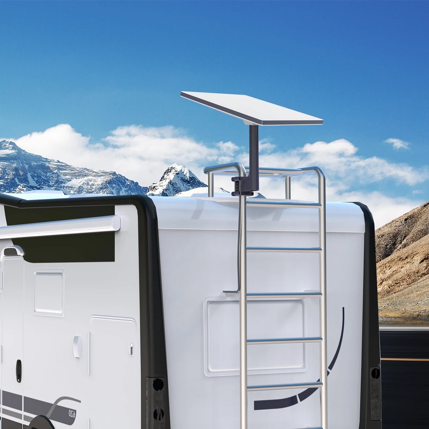 Starlink Mini clamp-on pole mount used for portable satellite setup