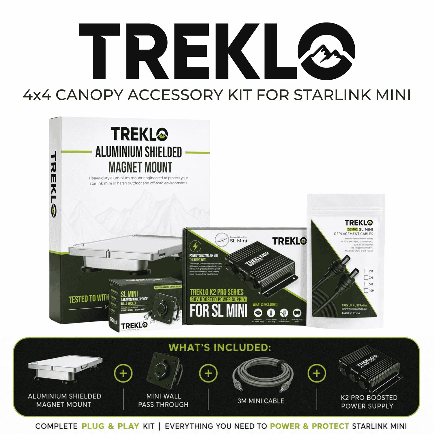 Treklo 4x4 canopy accessory kit for Starlink Mini with product packaging on a white background