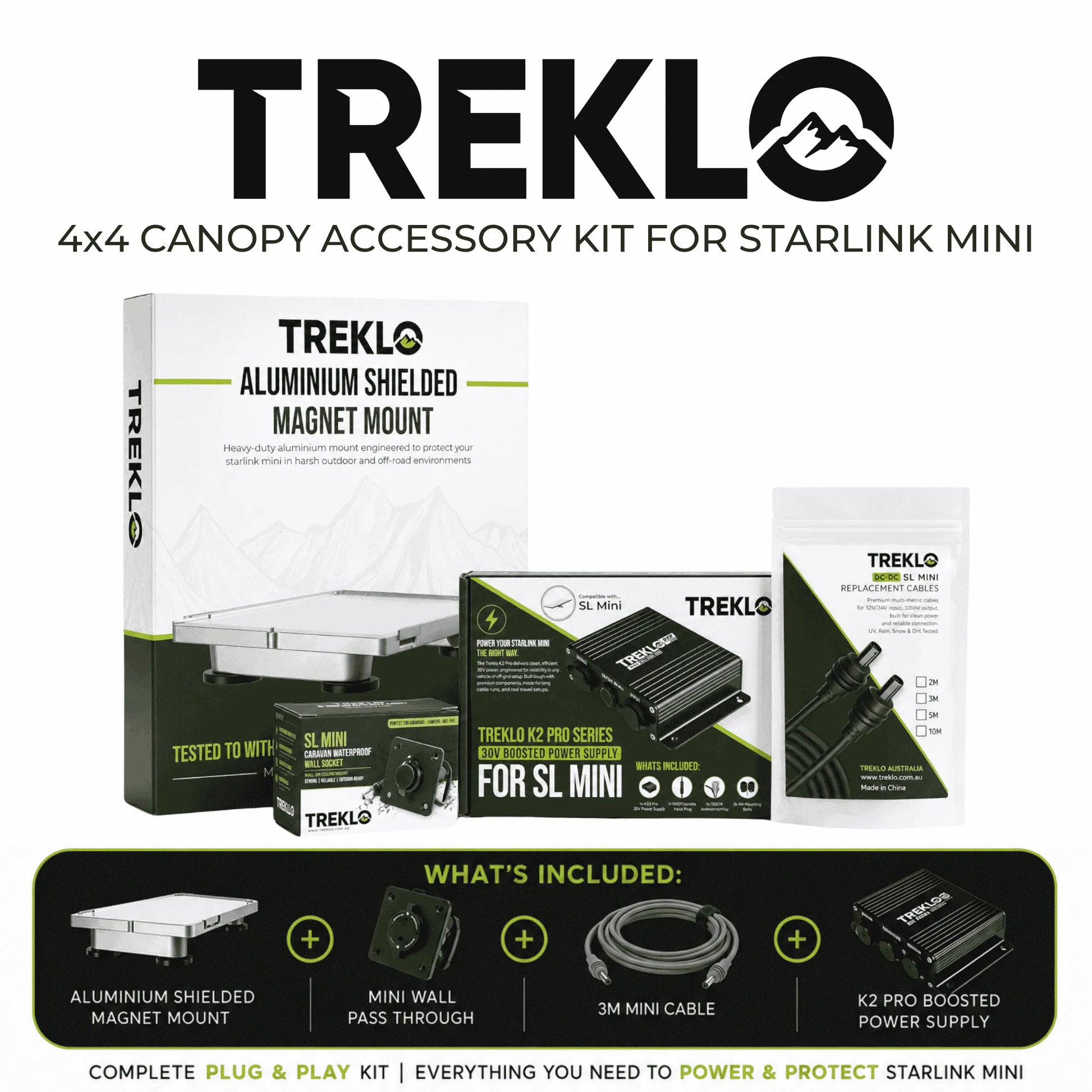 Treklo 4x4 canopy accessory kit for Starlink Mini with product packaging on a white background