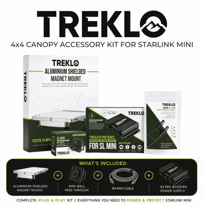 Treklo 4x4 canopy accessory kit for Starlink Mini with product packaging on a white background