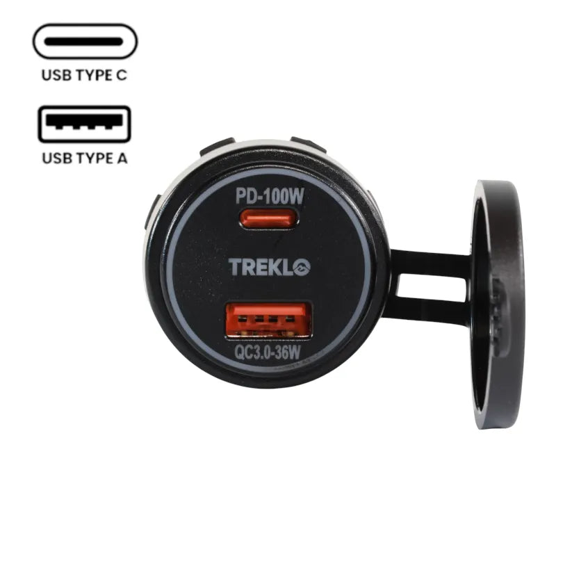 close-up of Treklo dual USB 100W outputs