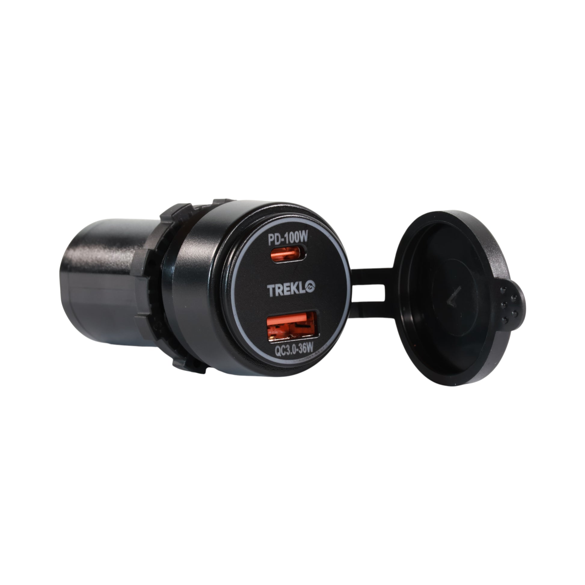 Treklo 100W dual-port USB charger shown on clean bench