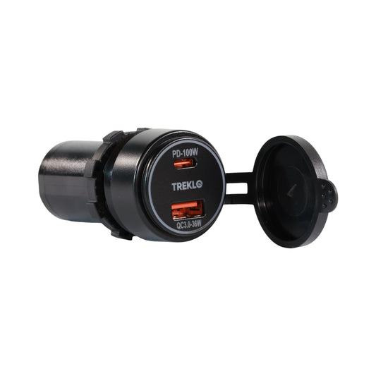 Treklo 100W dual-port USB charger shown on clean bench