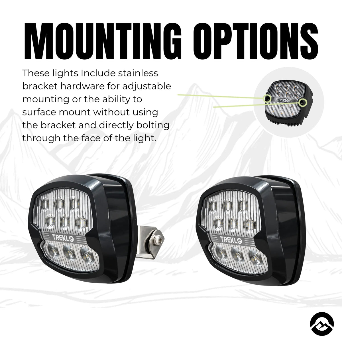 Two black TRELLO off-road LED light badges on a white background with a faint mountain outline. Large text at the top reads 'MOUNTING OPTIONS,' with explanatory copy and a small inset showing the light face and bracket hardware.