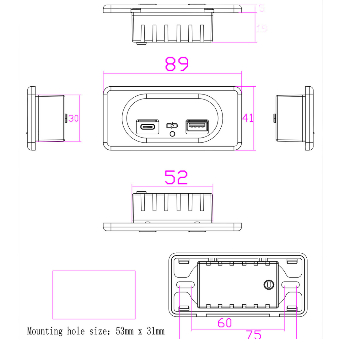 Usb-A + Type C Wall Panel Charger Socket 12 - 24V Usb Ports