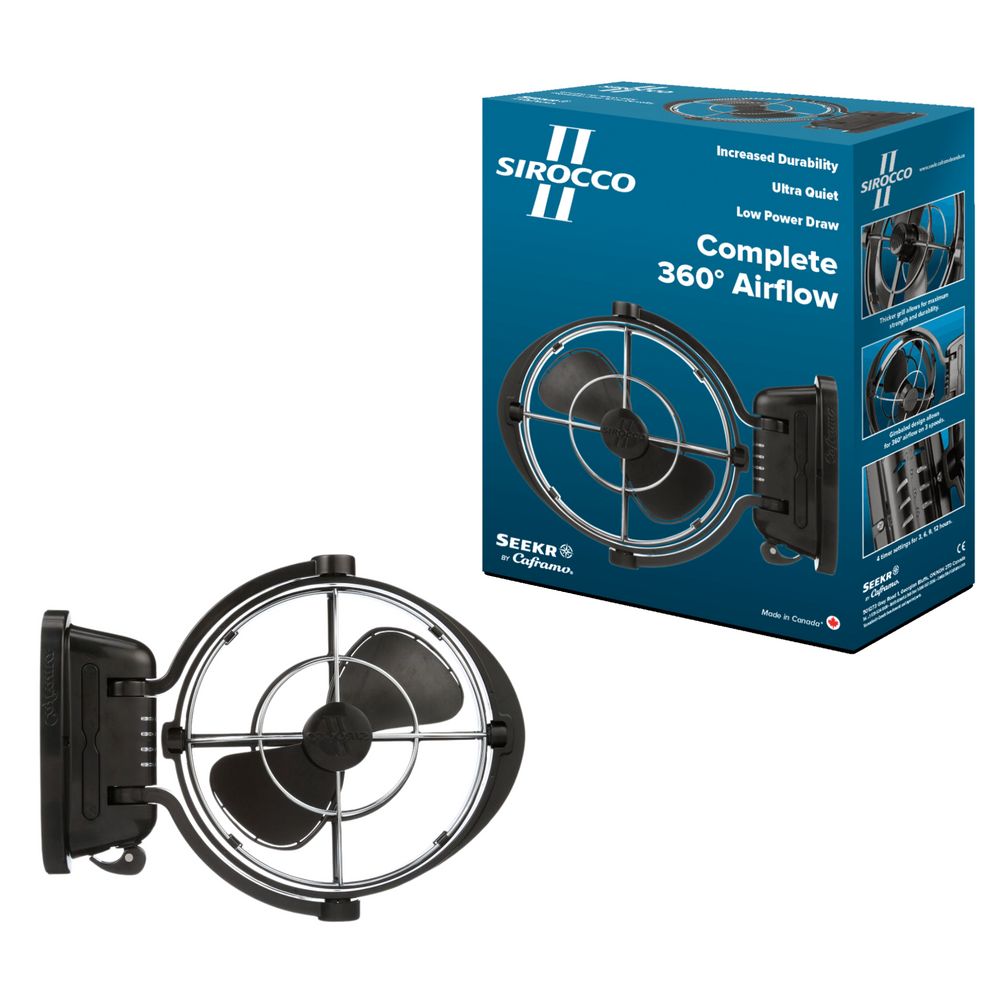 Caframo Sirocco II 12/24V Marine & RV 360° Fan in black color, displayed next to its packaging box.