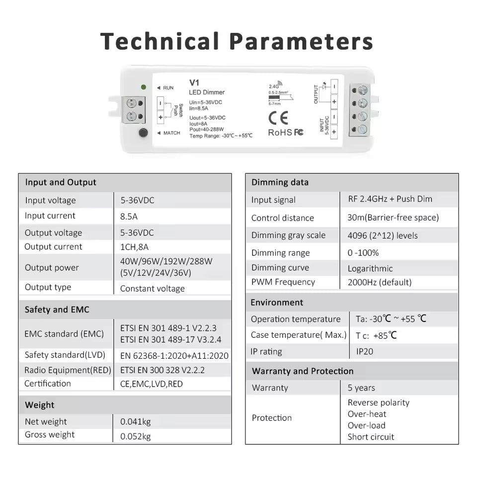 V1 inline LED dimmer installed in lighting setup