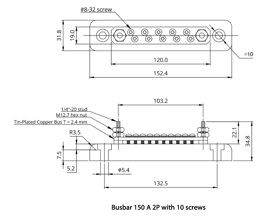 150A 2P/Terminals with 10 Screws & Cover