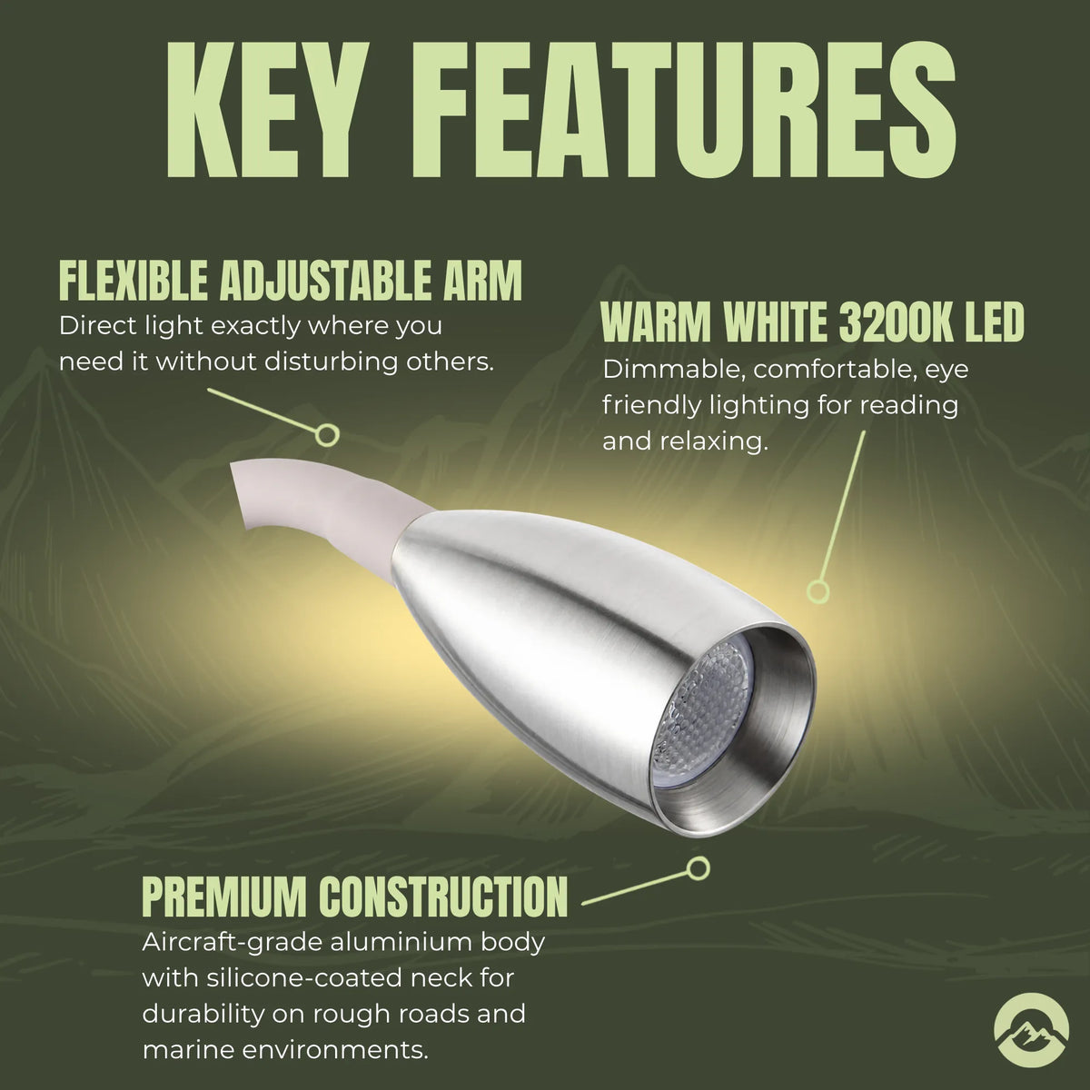 RV bedside reading light with modern nickel finish for vehicle interiors