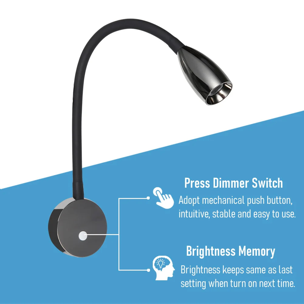 adjustable reading light displayed in gloss black