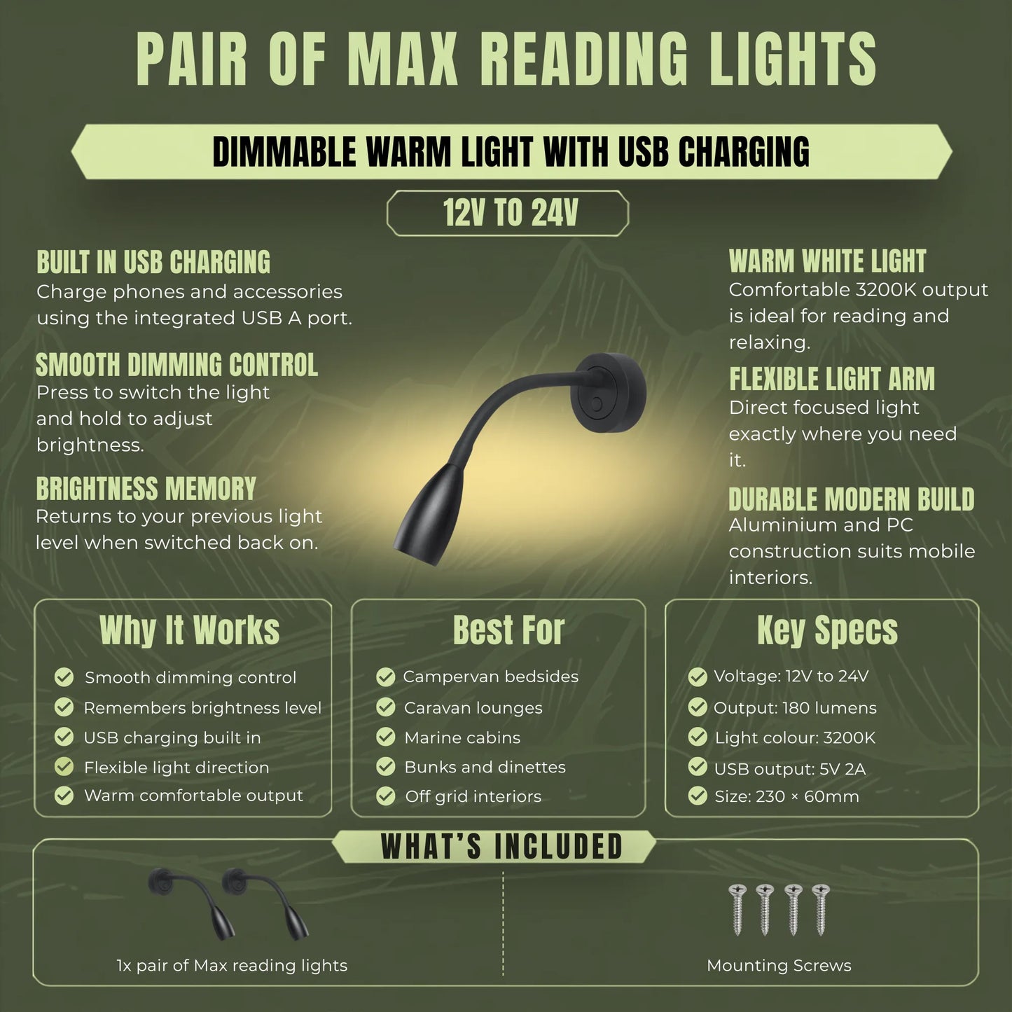 Dual LED reading light set for caravans, campervans, and off grid touring