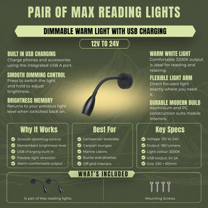 Dual LED reading light set for caravans, campervans, and off grid touring