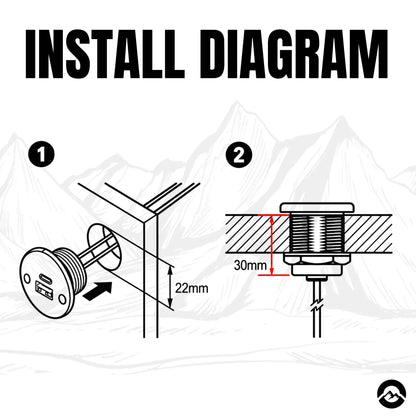 Small format aluminium Treklo caravan charging socket for clean mounting into interior cabinetry