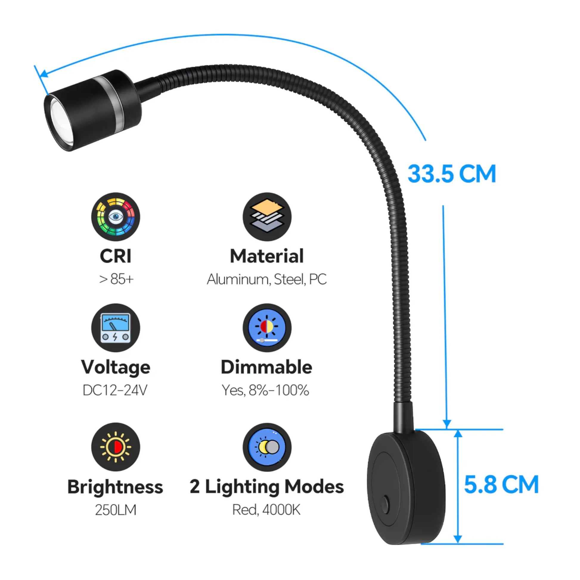 Black 12v Evo reading light with touch dimming and USB-C outlet