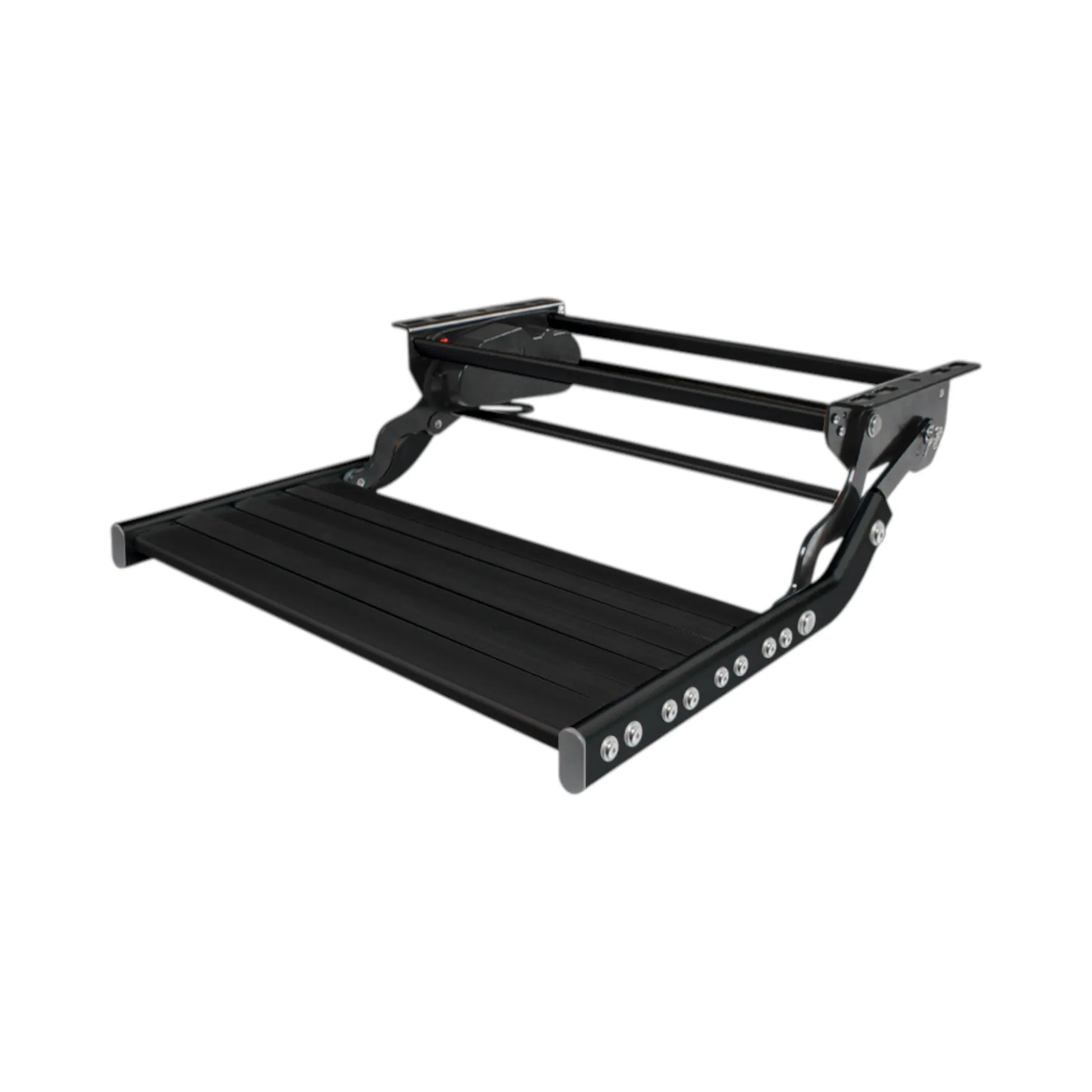 Black single electric caravan step for caravan, rv, and campervan automatic entry access
