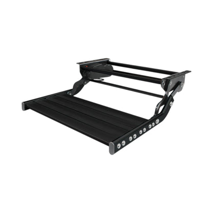 Black single electric caravan step for caravan, rv, and campervan automatic entry access