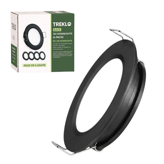 Black 12v LED downlights 4 pack with cool white output for caravan ceiling installations