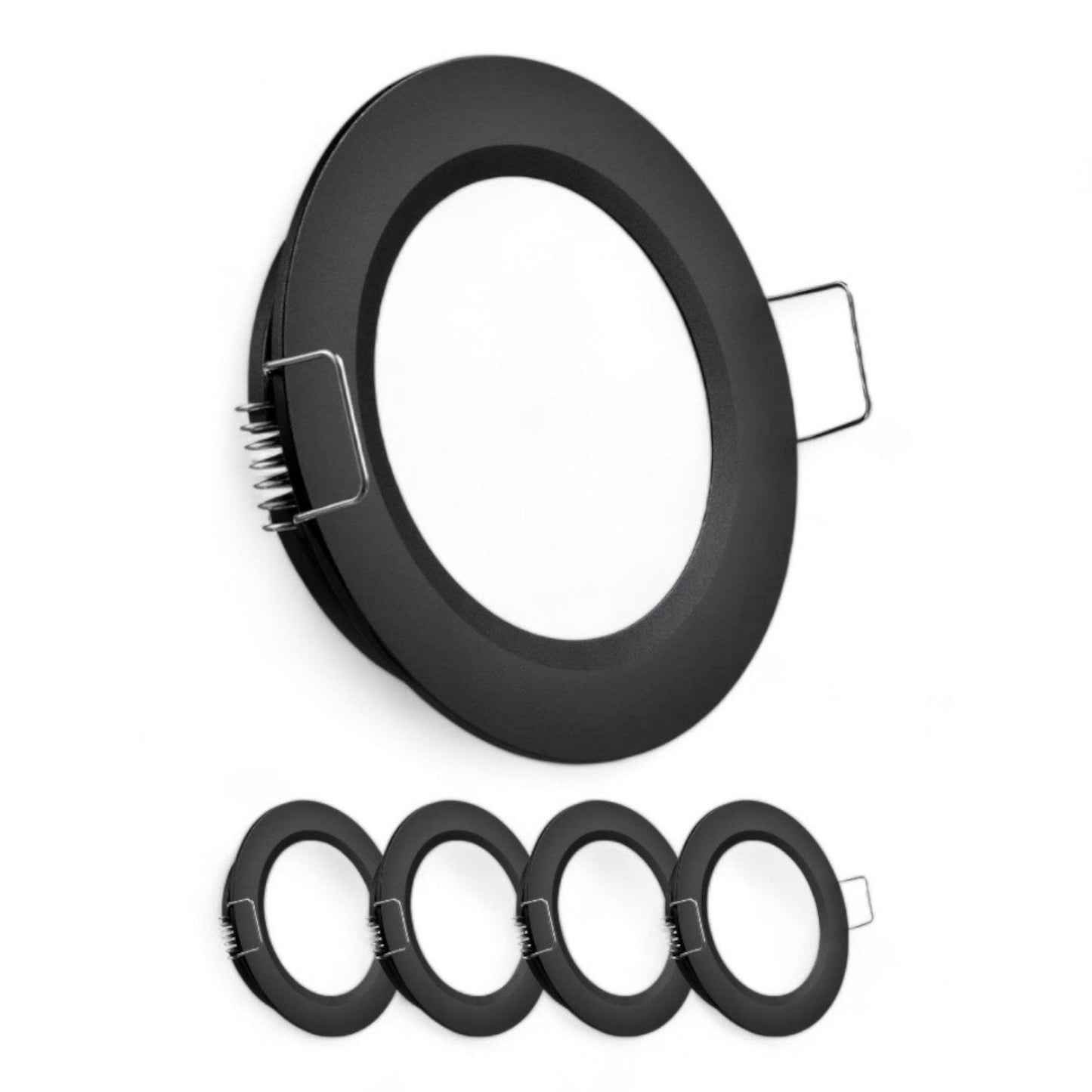 black 12v cool white downlights shown as a set of four