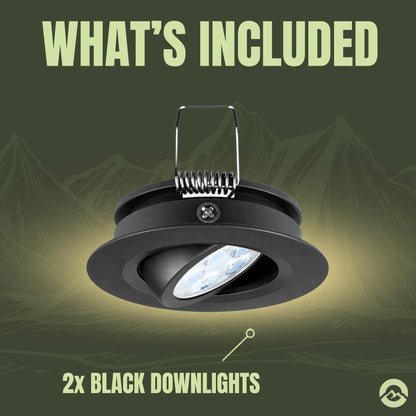 Black adjustable caravan LED downlight pair for kitchens, workspaces, and lounge areas