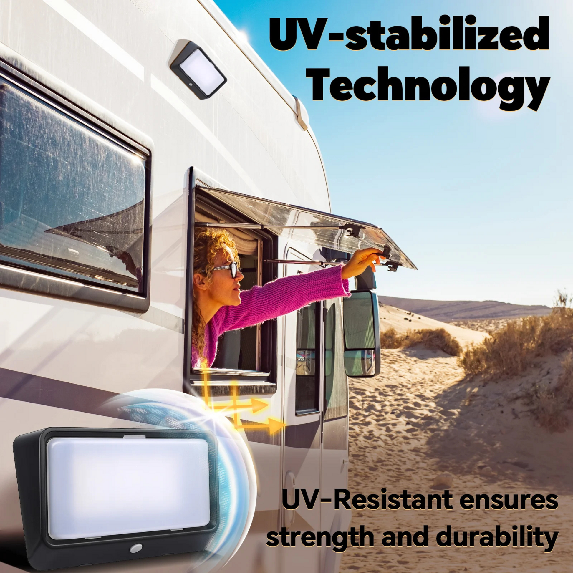 black caravan porch light showing tri colour capability