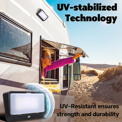 black caravan porch light showing tri colour capability