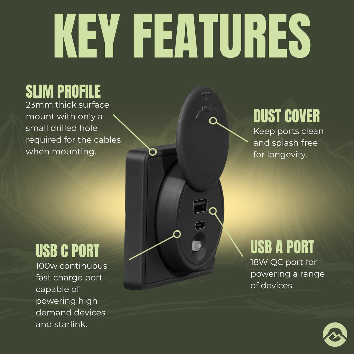 Treklo black caravan USB C surface charger for neat installation without a large mounting cut out