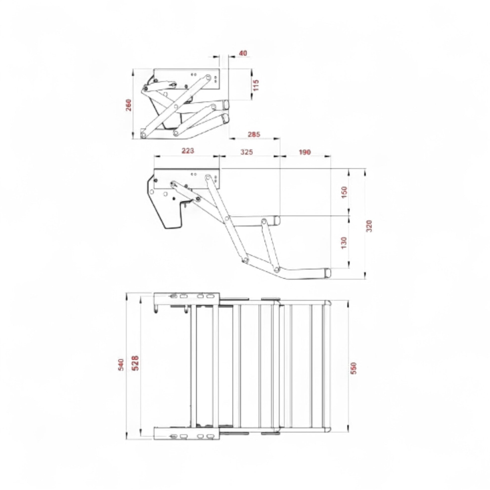 Technical drawing of a mechanical step with dimensions on a white background