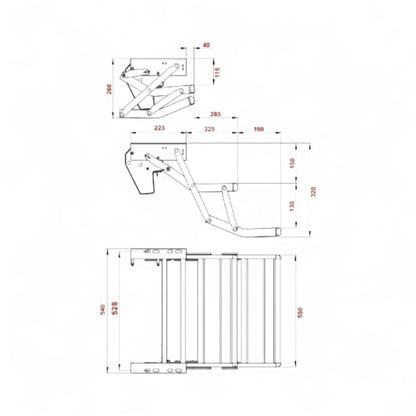 Technical drawing of a mechanical step with dimensions on a white background