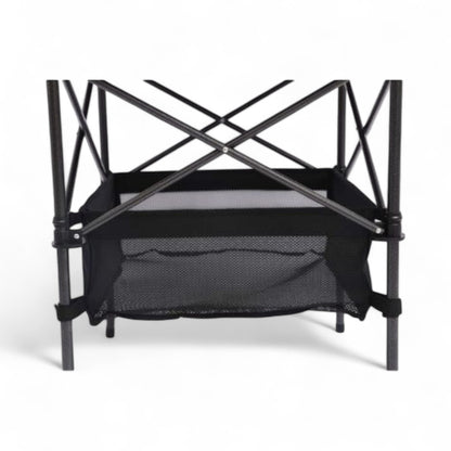 black metal folding table with storage for camping