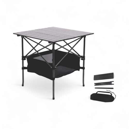 Portable folding camping table with accessories on a white background