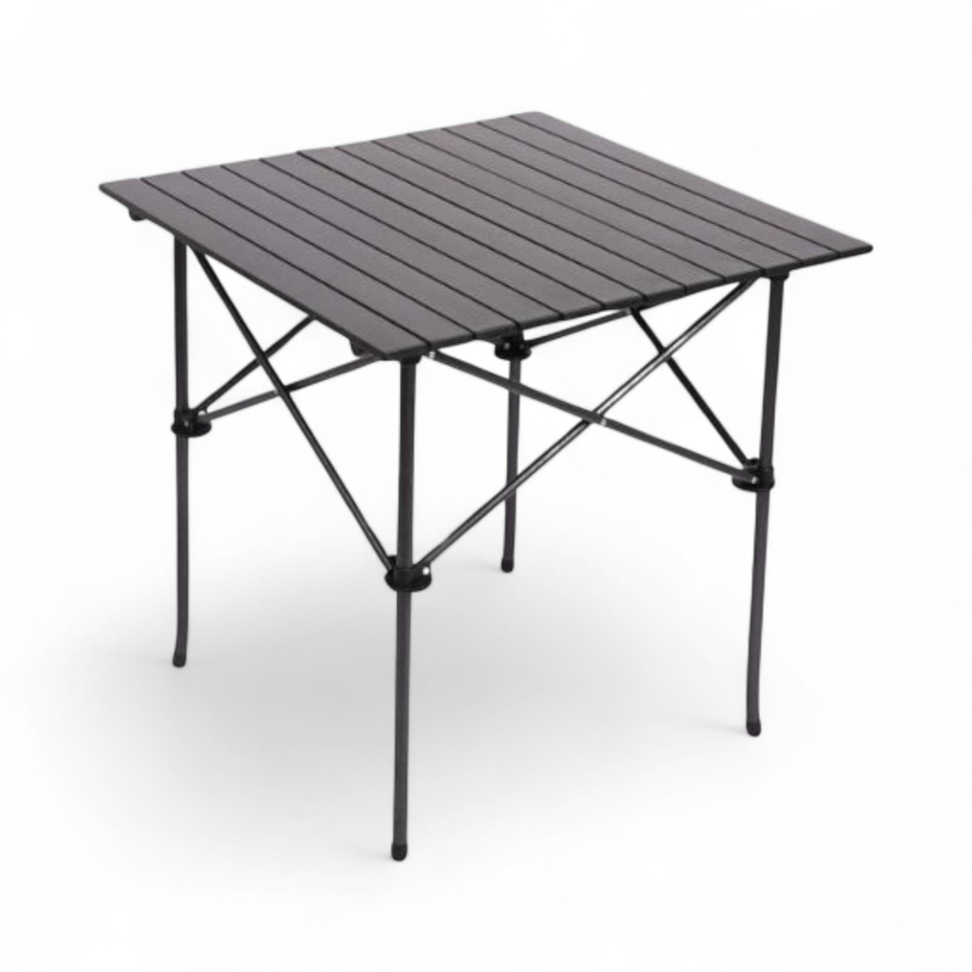 Portable folding table with metal top and black legs on a white background