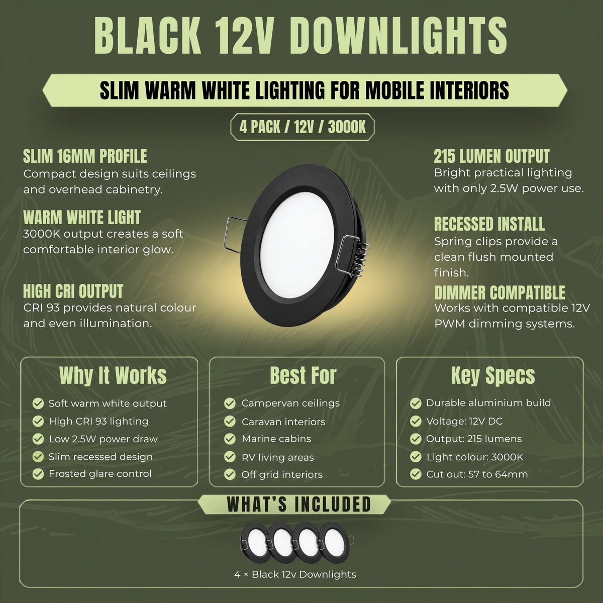 Four black ceiling lights producing comfortable warm white light for touring vehicles