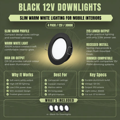 Four black ceiling lights producing comfortable warm white light for touring vehicles