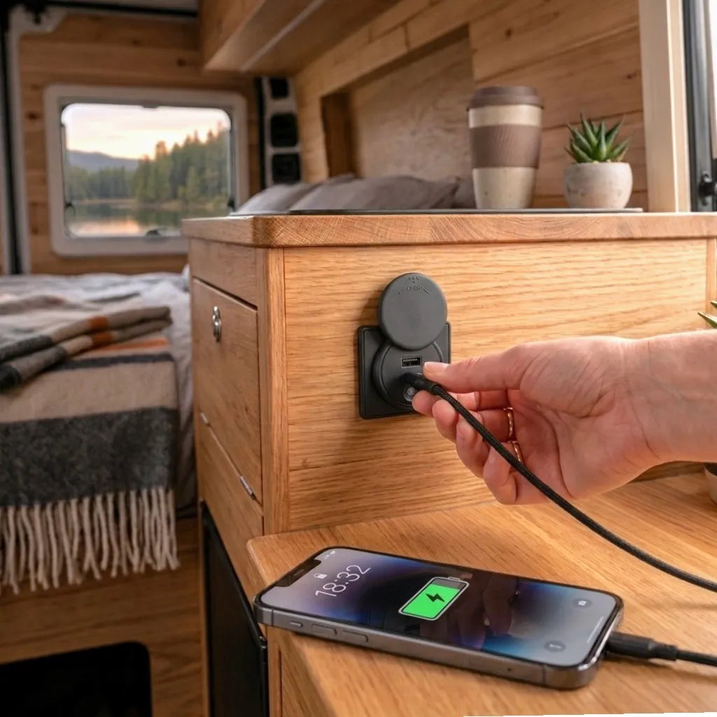 Treklo black surface mounted 100W USB C charger requiring minimal space behind the installation panel
