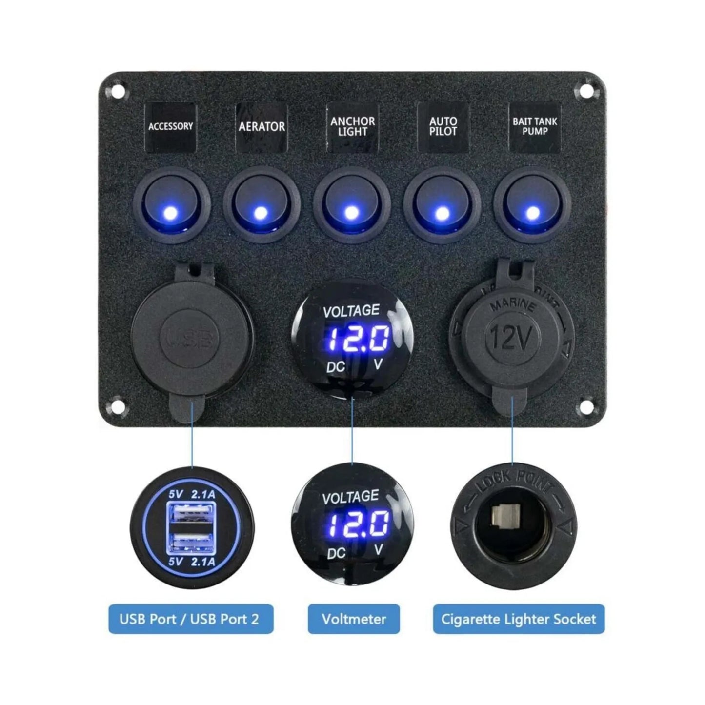 Blue 5 gang switch panel with 12v accessory socket and dual USB A charging ports